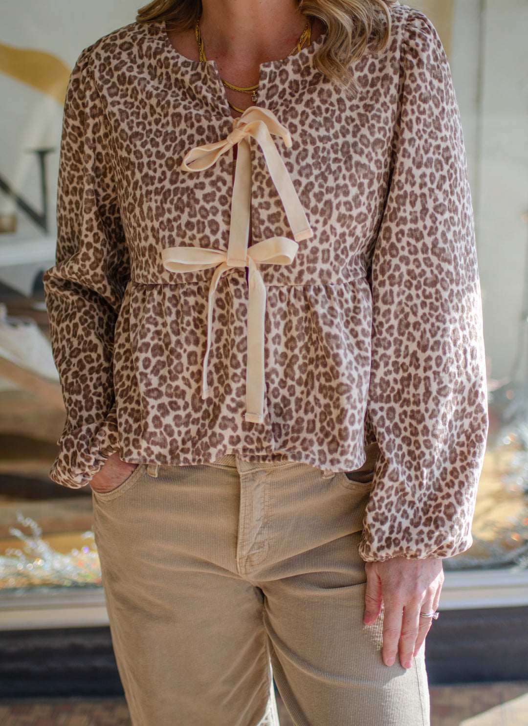 Wild Ways Champagne Leopard Velvet Bow Front Top Regular price