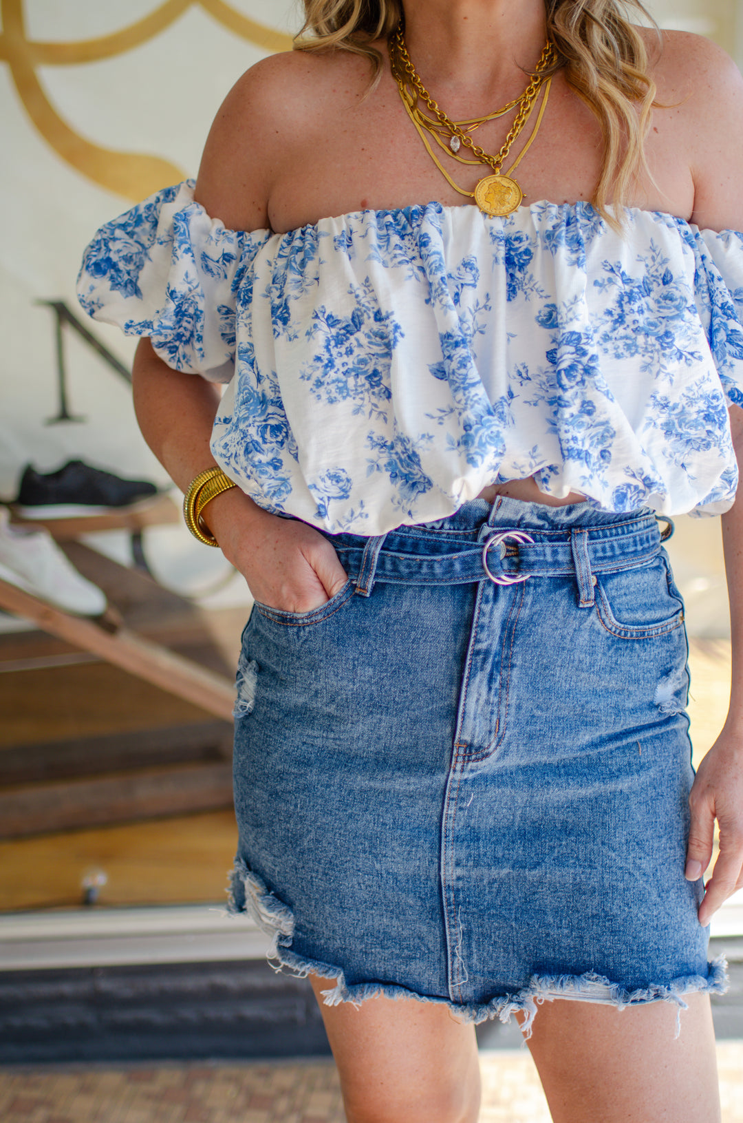 True Love Blue Floral Off The Shoulder Bubble Top