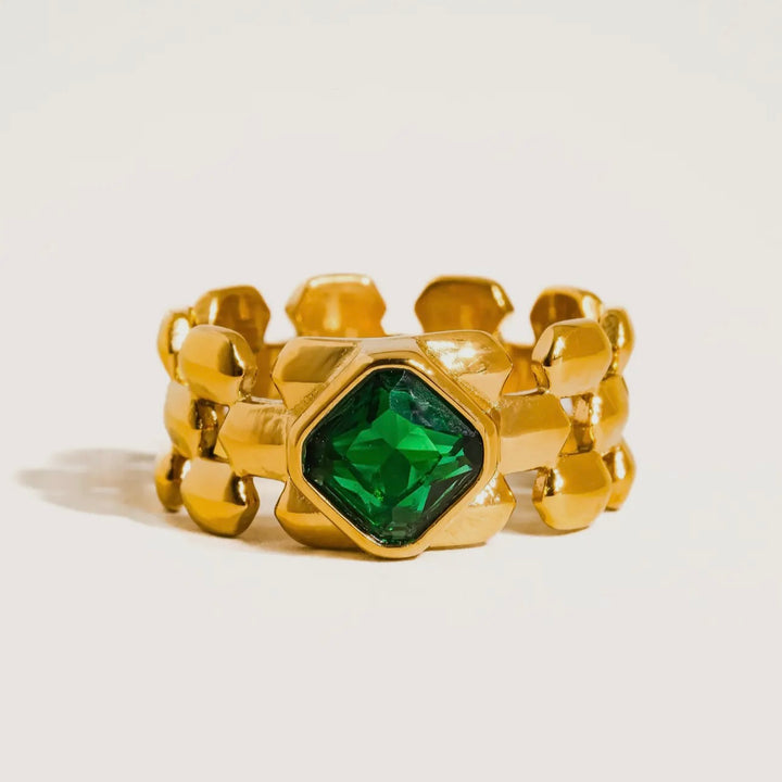 LUXE Madeline 18K Gold Plated Non-Tarnish Emerald CZ Watchband Ring
