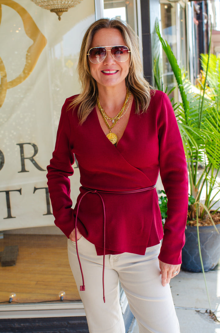 Wrapped Up in You Knit Belted Cardigan in Burgundy