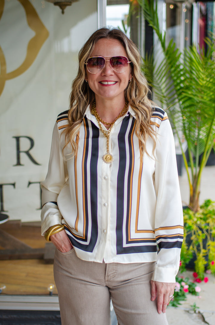 Perfectly Posh Button Down Top with Neck Scarf in Cream