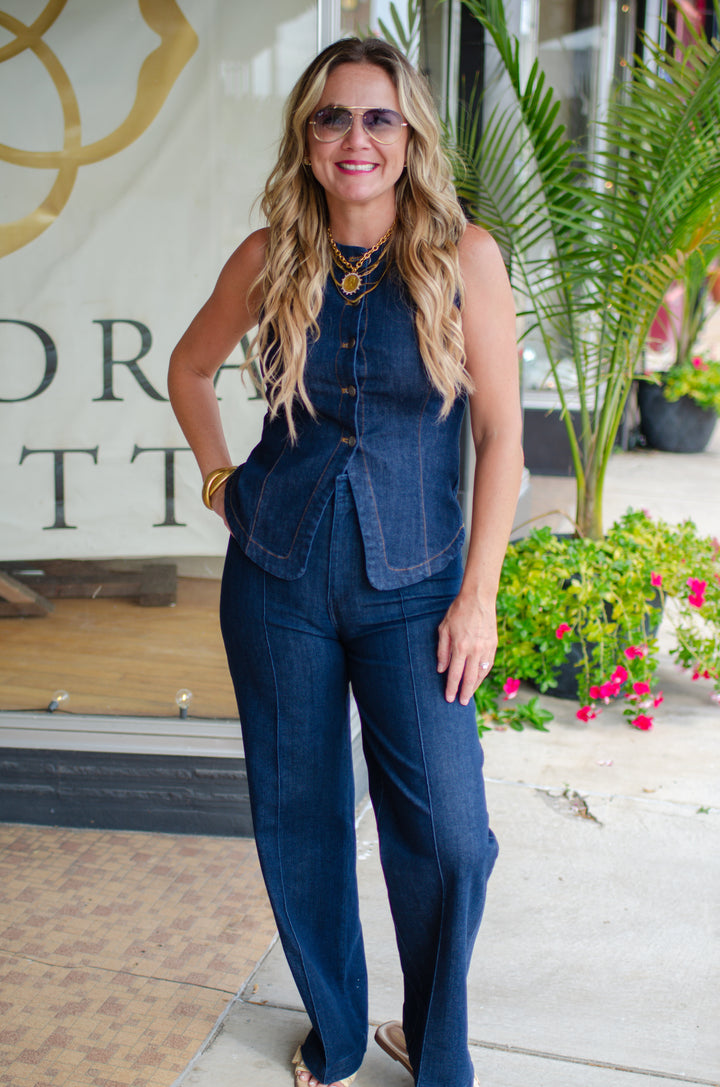 Chic Denim Pintuck Wide Leg High Rise Pant Pant