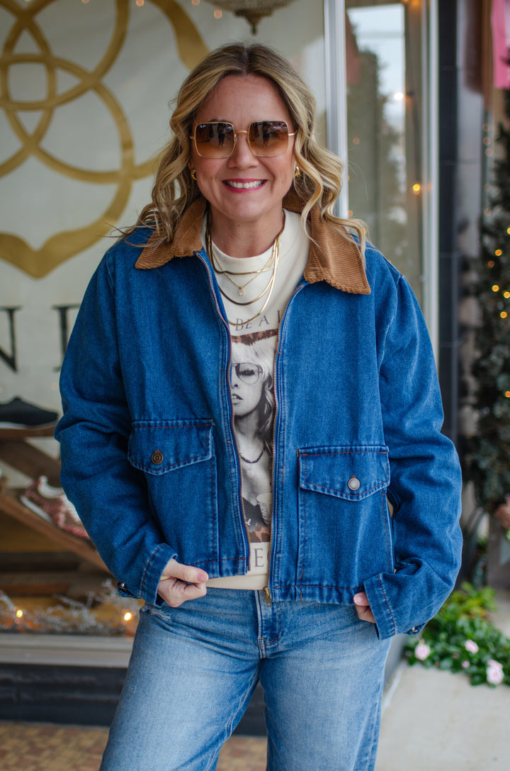 On Trends Denim Barn Style Jacket with a Corduroy Collar