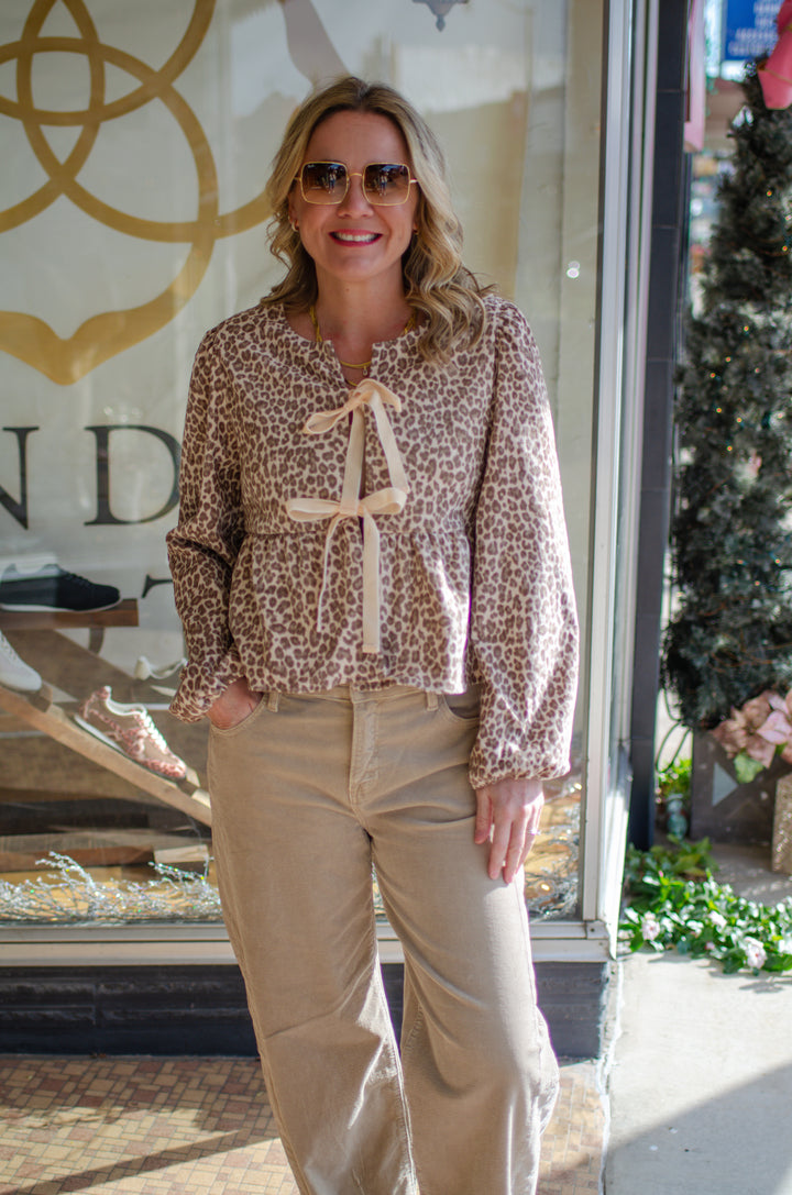 Wild Ways Champagne Leopard Velvet Bow Front Top Regular price