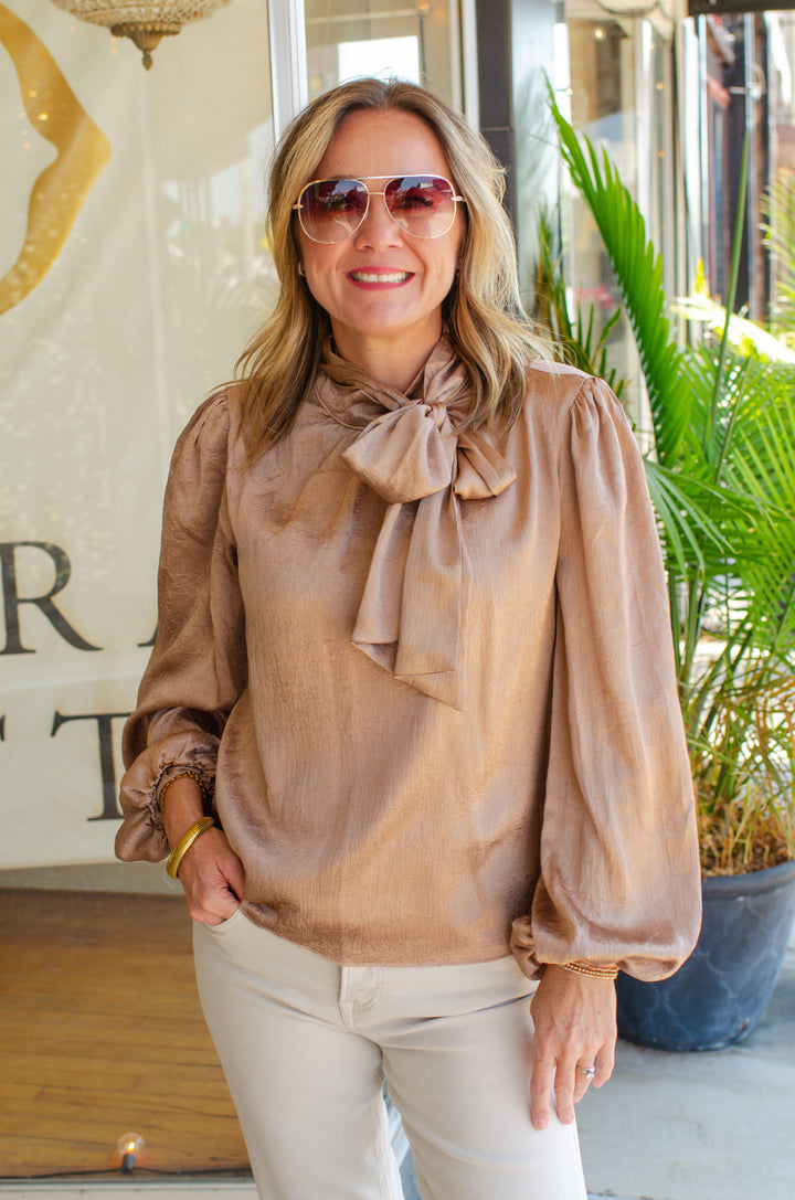 True Heart Bow Neckline Textured Satin Long Sleeve Blouse in Mocha