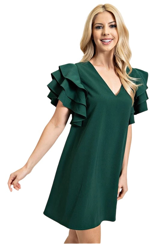 In Your Love V-Neck Ruffled Sleeve Shift Dress in Hunter Green