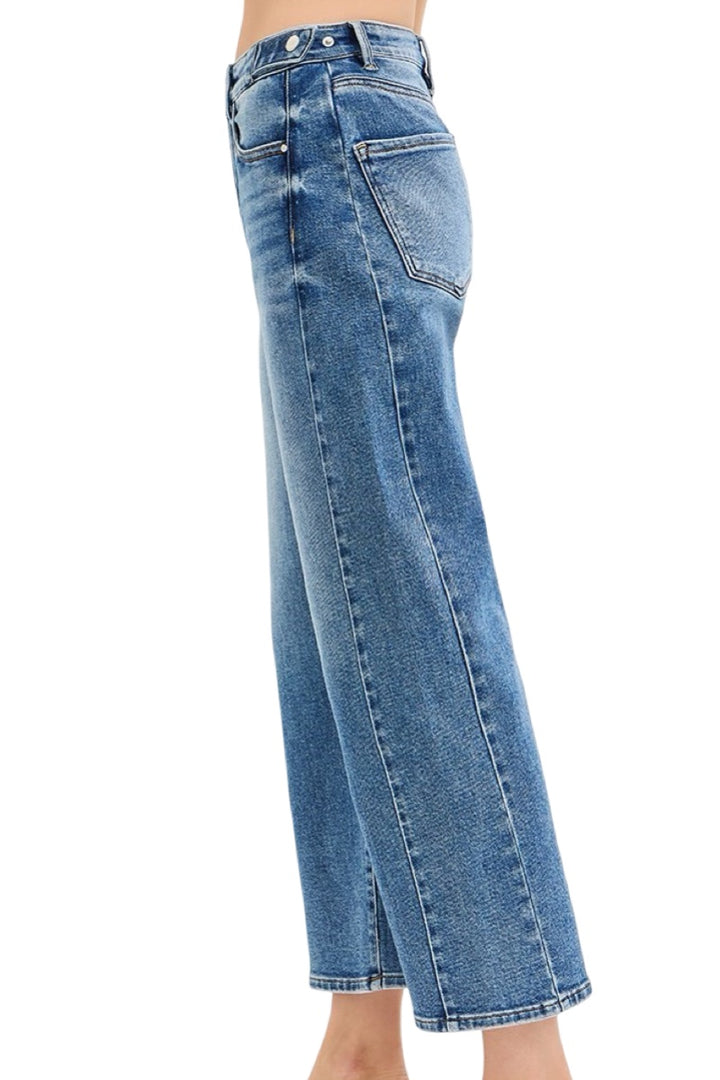 Risen High Rise Crop Length Barrel Jeans in Dark Wash