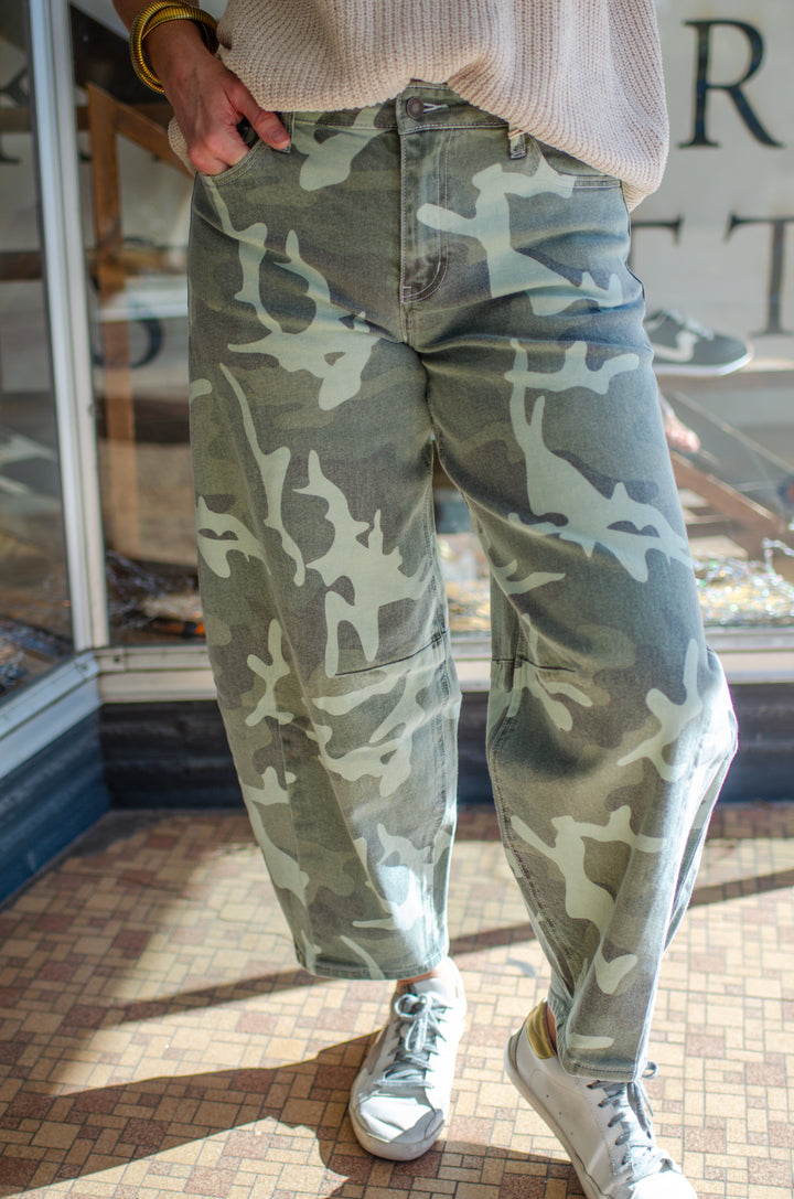 Kancan Camo High Rise Barrel Fit Jeans