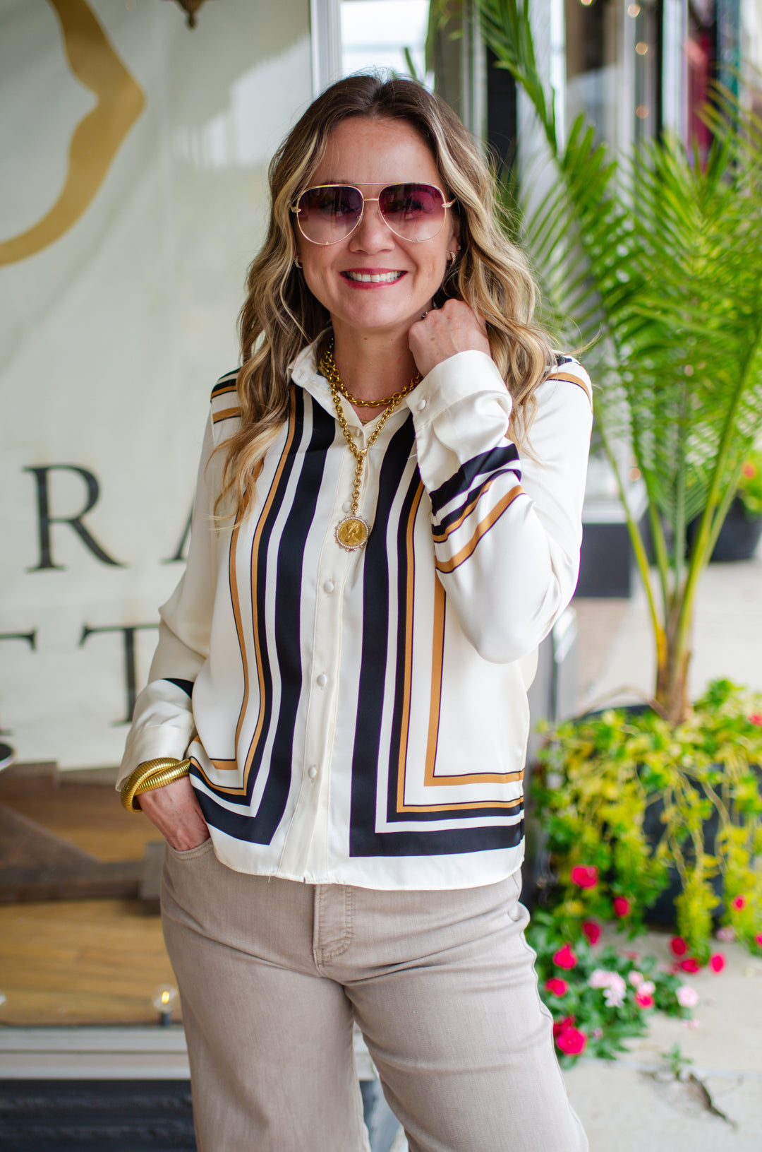 Perfectly Posh Button Down Top with Neck Scarf in Cream