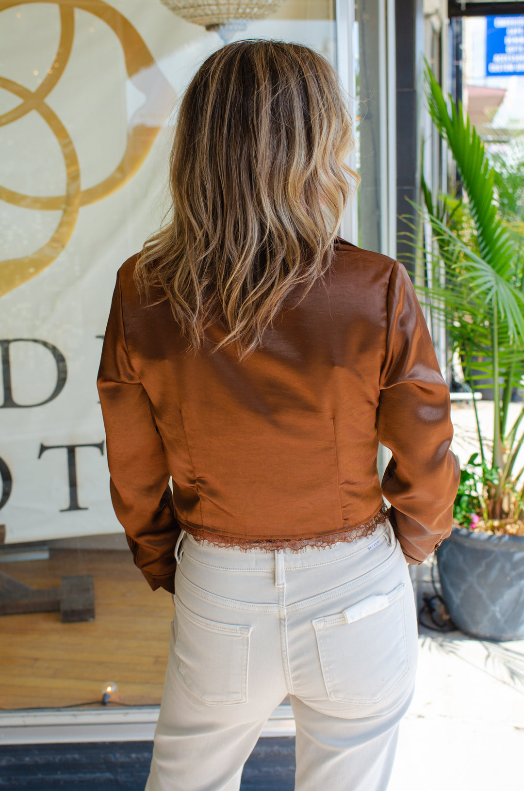 Winter Wonder Satin Lace Hem Button Down Blouse in Brown