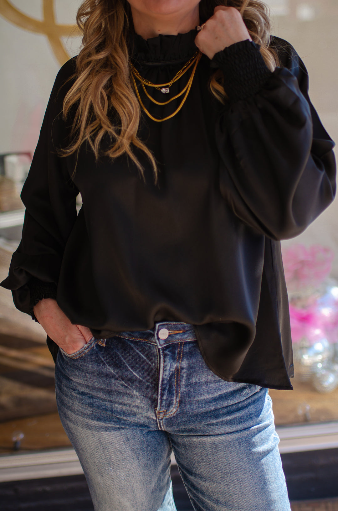 Date Night Ruffled High Neck Silky Blouse in Black