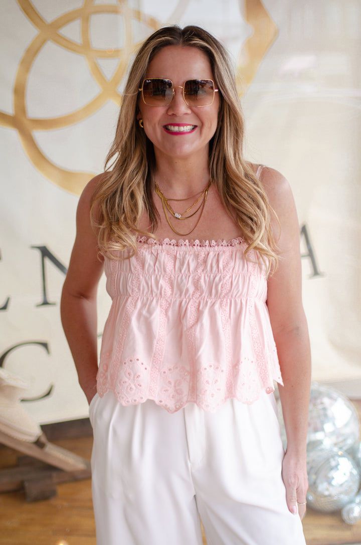 Sweet Embrace Eyelet Boho Chic Tank in Blush