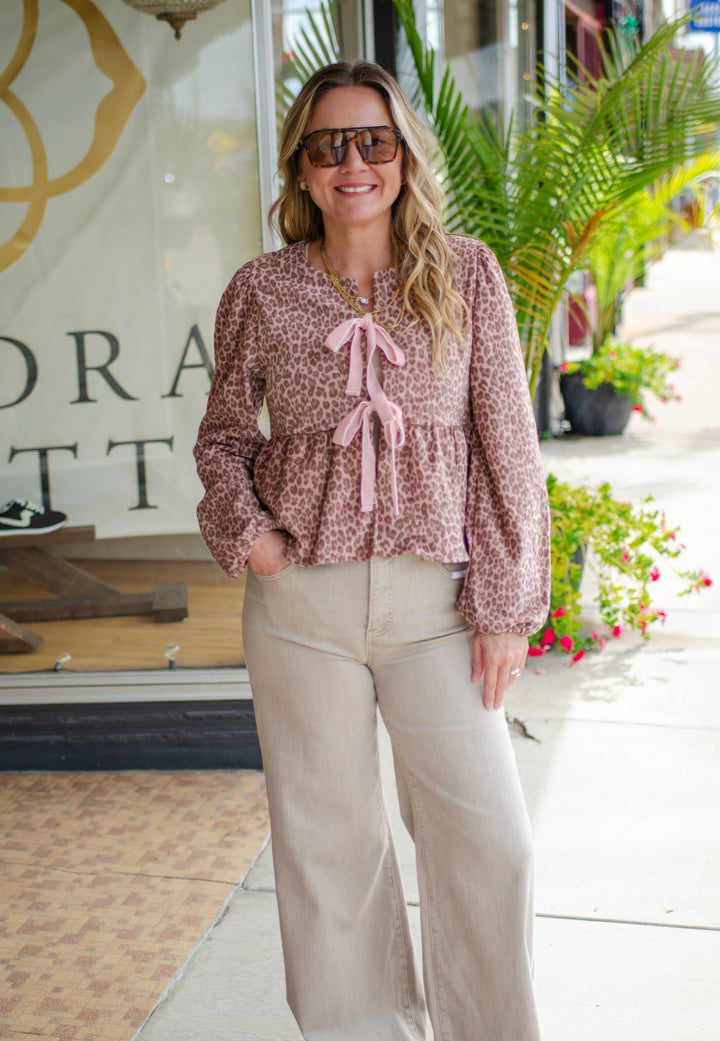 Wild Ways Pink Leopard Velvet Bow Front Top