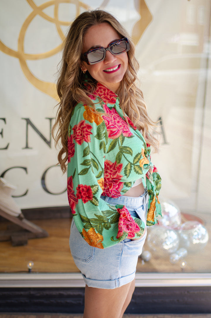 Bougainvillea Beauty Tie Front Long Sleeve Top in Sea Green & Pink