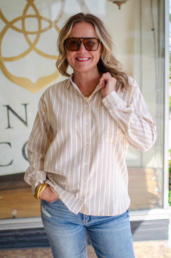 Fall Classic Stripe Button Down Boyfriend Top in Taupe
