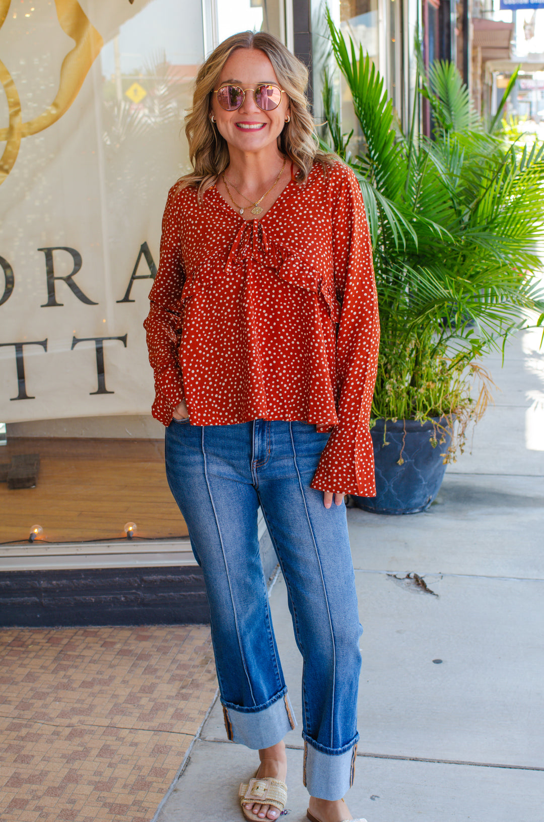 Fall Feels Polka Dot Rust Babydoll Long Sleeve Top