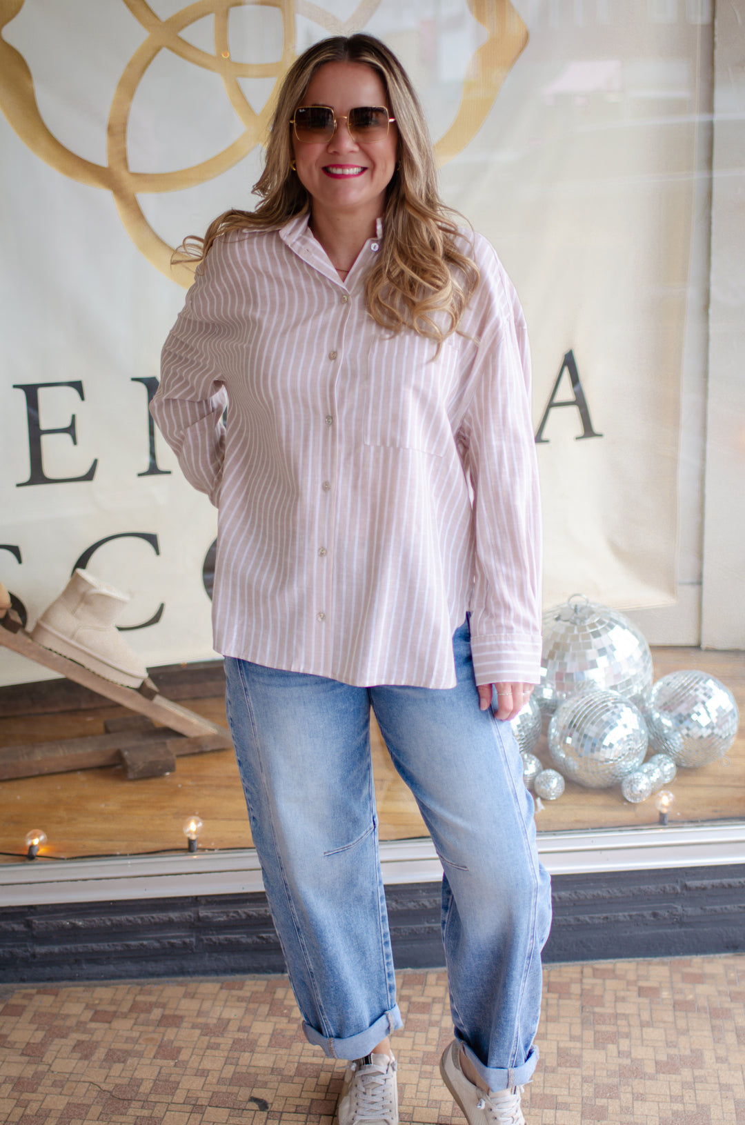 Perfect Preppy Button Down Collared Top in Beige