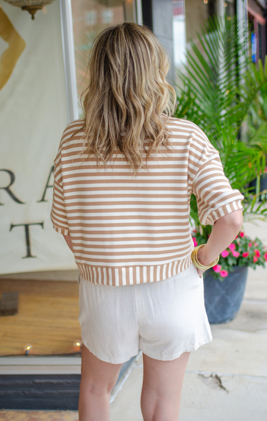 Bold Moments Stripe Pocket Short Sleeve Top in Khaki