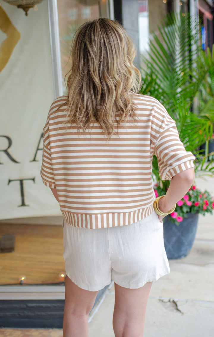 Bold Moments Stripe Pocket Short Sleeve Top in Khaki