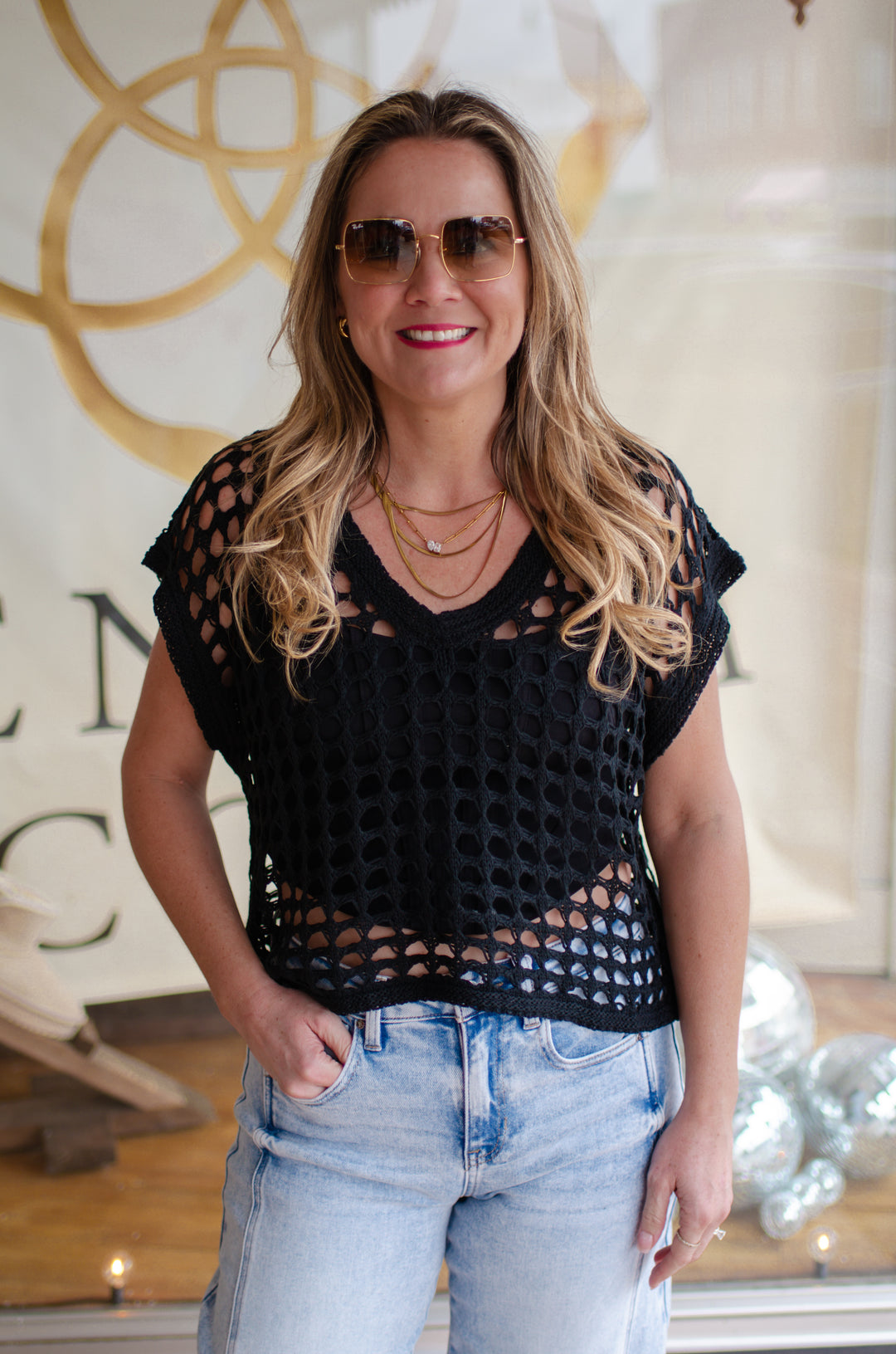 Perfectly Posh Meshed Knit Short Sleeve Top in Black