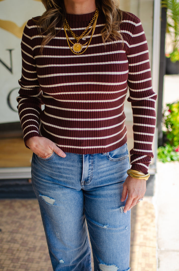 Love Story Ribbed Stripe Fitted Mock Neck Top in Chocolate Brown