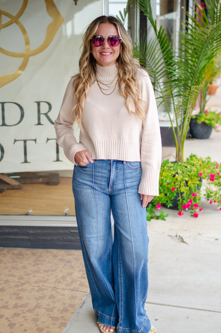 Take Your Time Knit Mock Neckline Sweater in Light Khaki