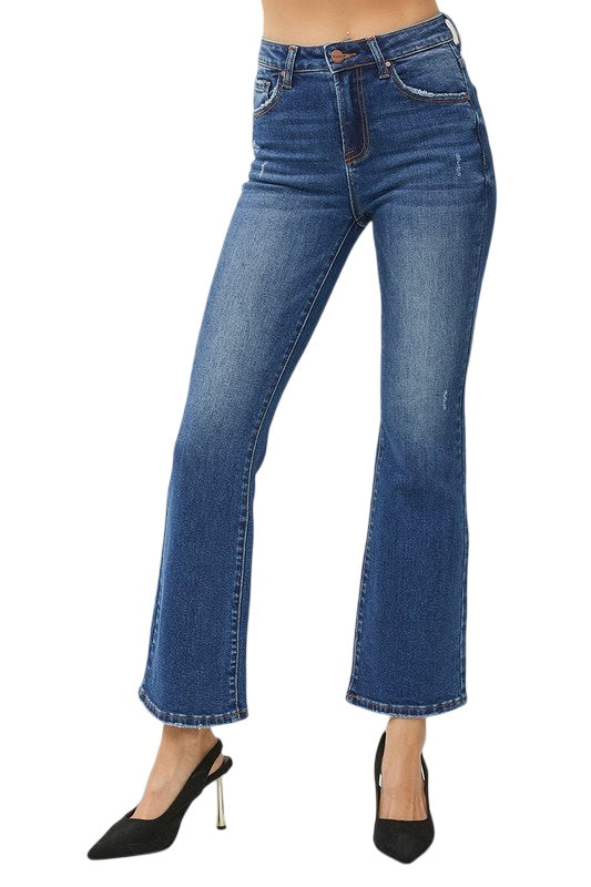 Risen High Rise Ankle Flare Crop in Dark Wash