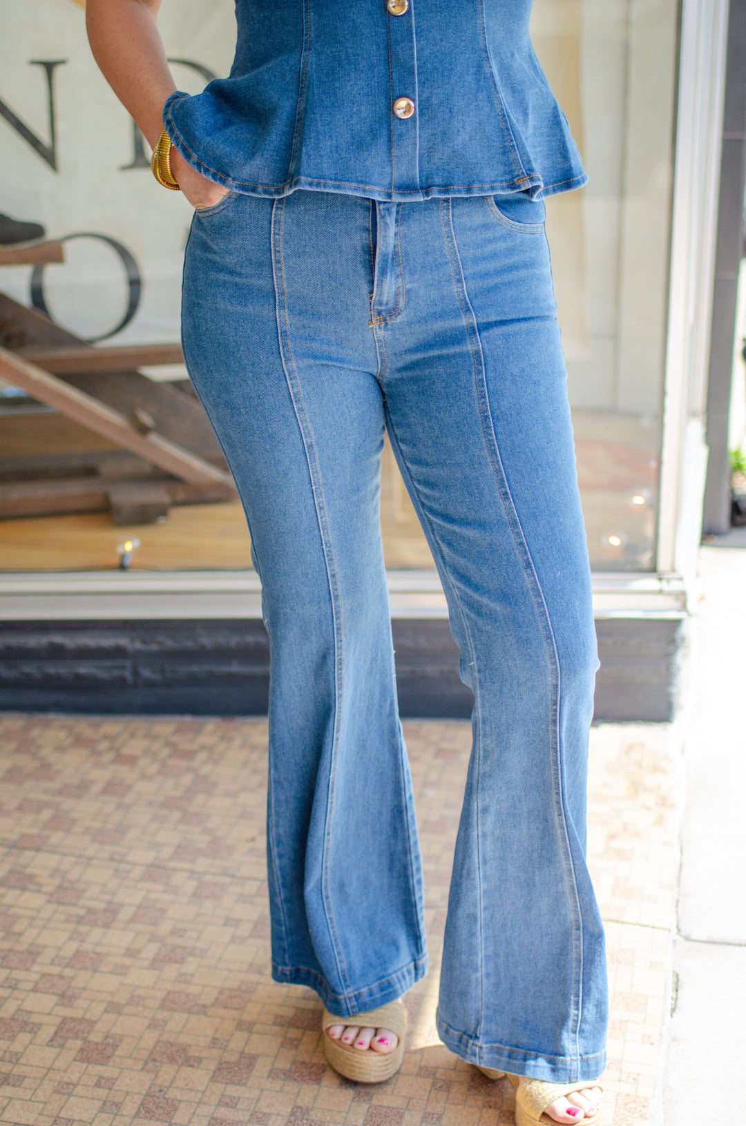 Denim Dreamer Stretch Flare Leg Pants in Medium Wash