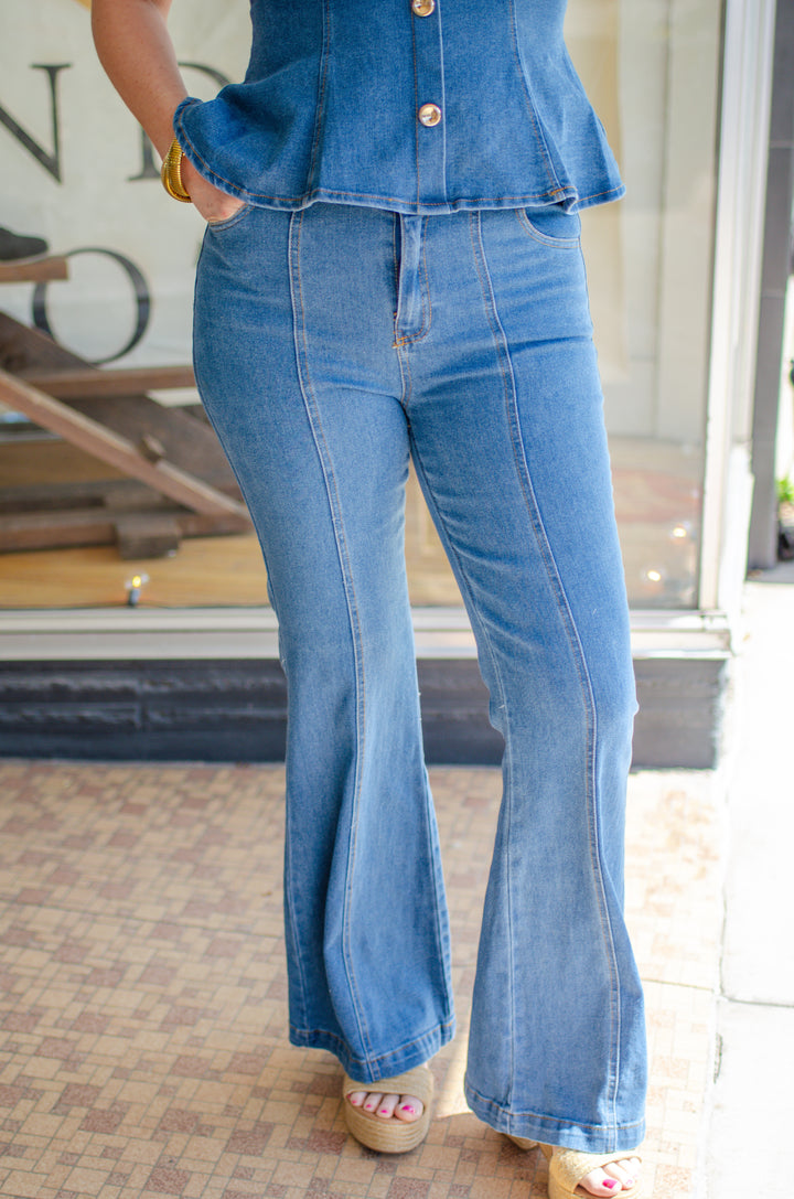 Denim Dreamer Stretch Flare Leg Pants in Medium Wash