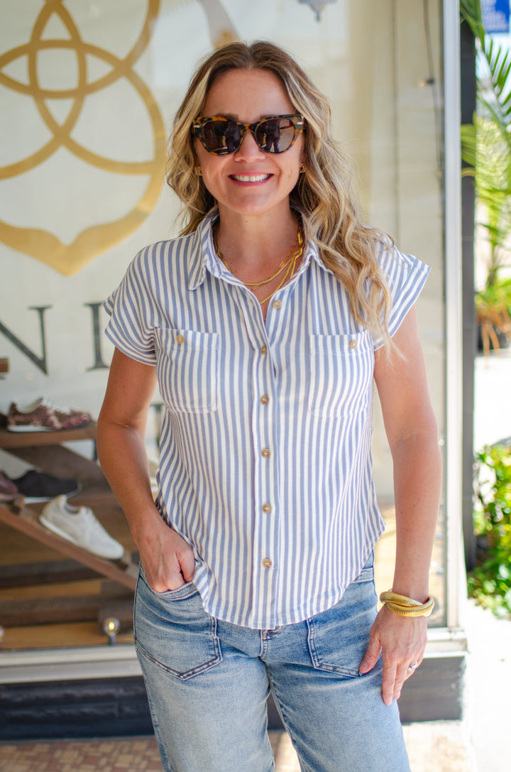Perfect Stripe Button Down Soft Knit Top in Blue