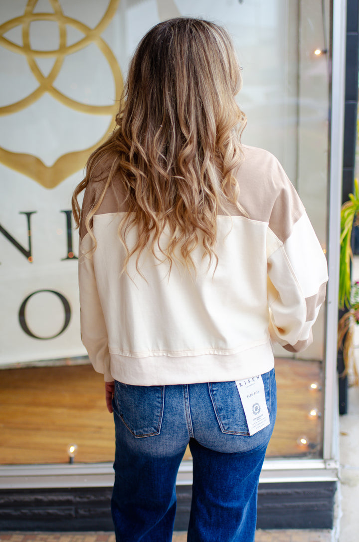 Contrasting Style Color Block Half Zip Long Sleeve Sweater Top in Cream