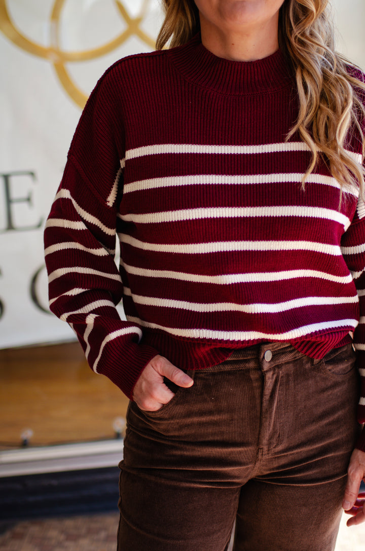 Your My Love Mock Neck Ribbed Stripe Sweater in Oxblood