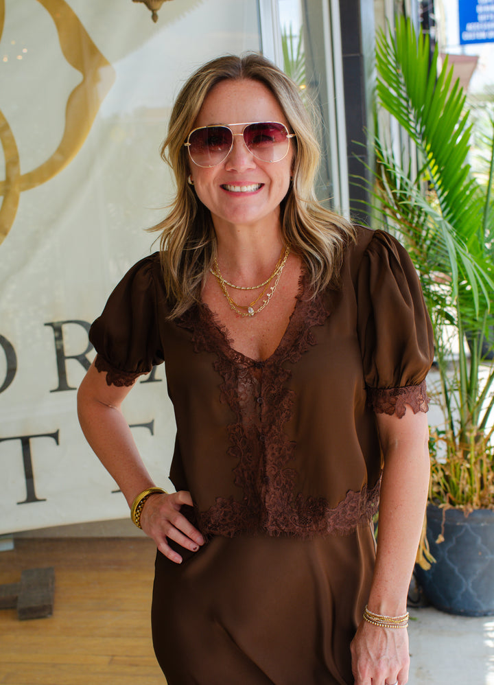 Pure Romance Satin Lace Trim V-Neck Puff Sleeve Blouse in Chocolate