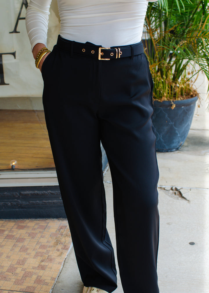 Sophisticated Beauty Belted Wide Leg Trouser Pant in Black