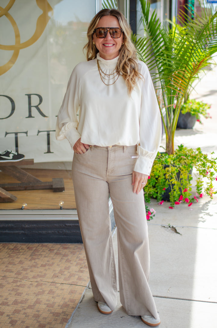 Take Your Time High Necklace Bubble Hem Long Sleeve in Cream
