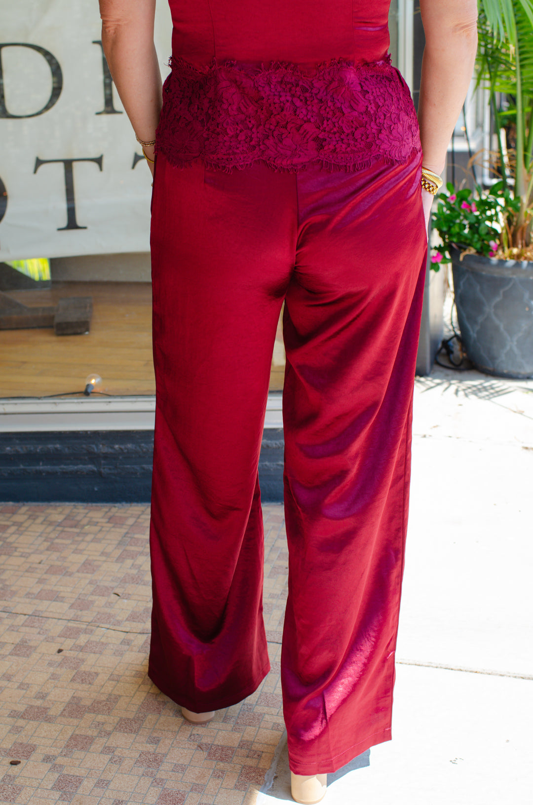 Fall Romance High Rise Satin Wide Leg Pant in Wine
