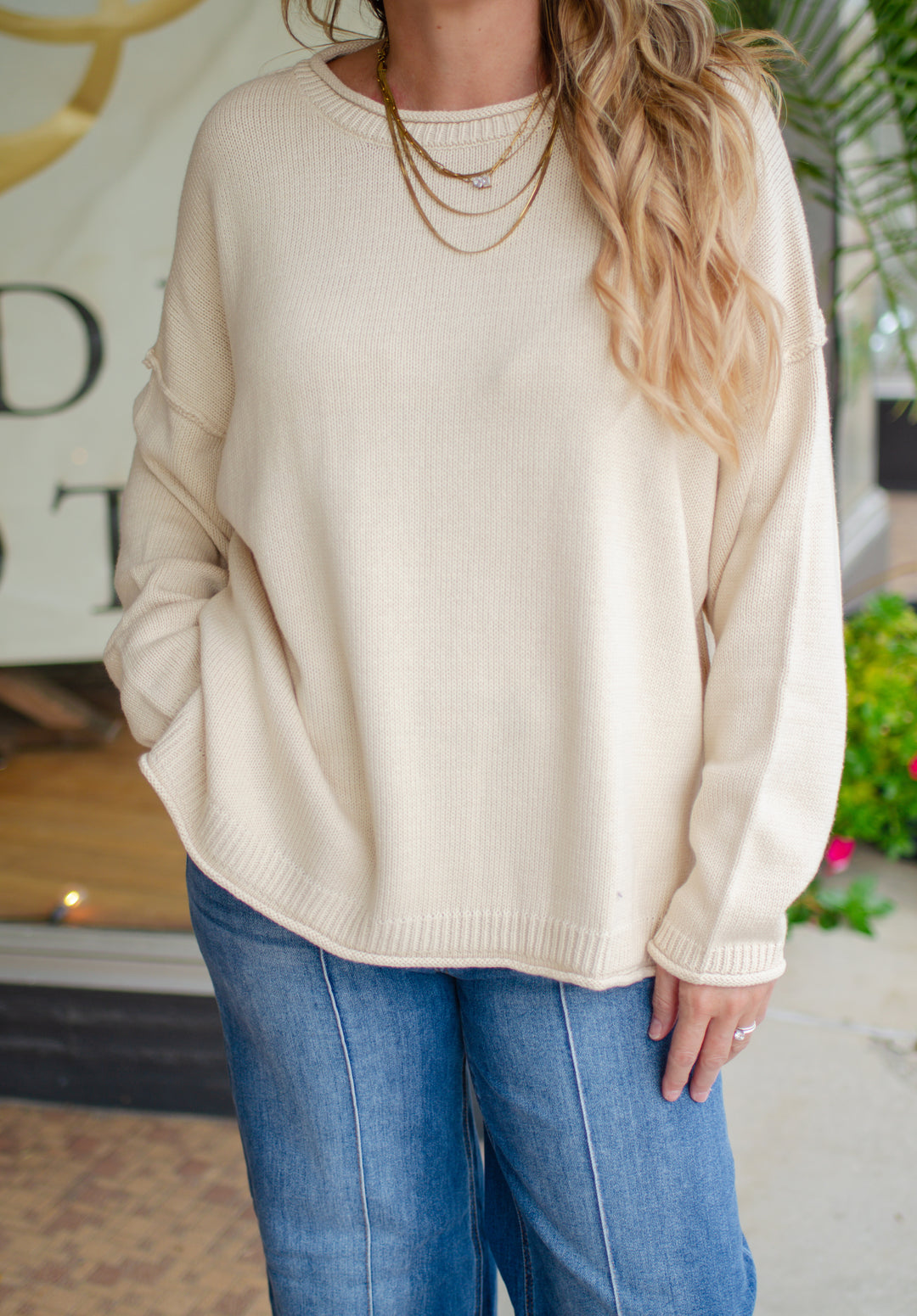 Classic Style Cream Round Neckline Long Sleeve Sweater