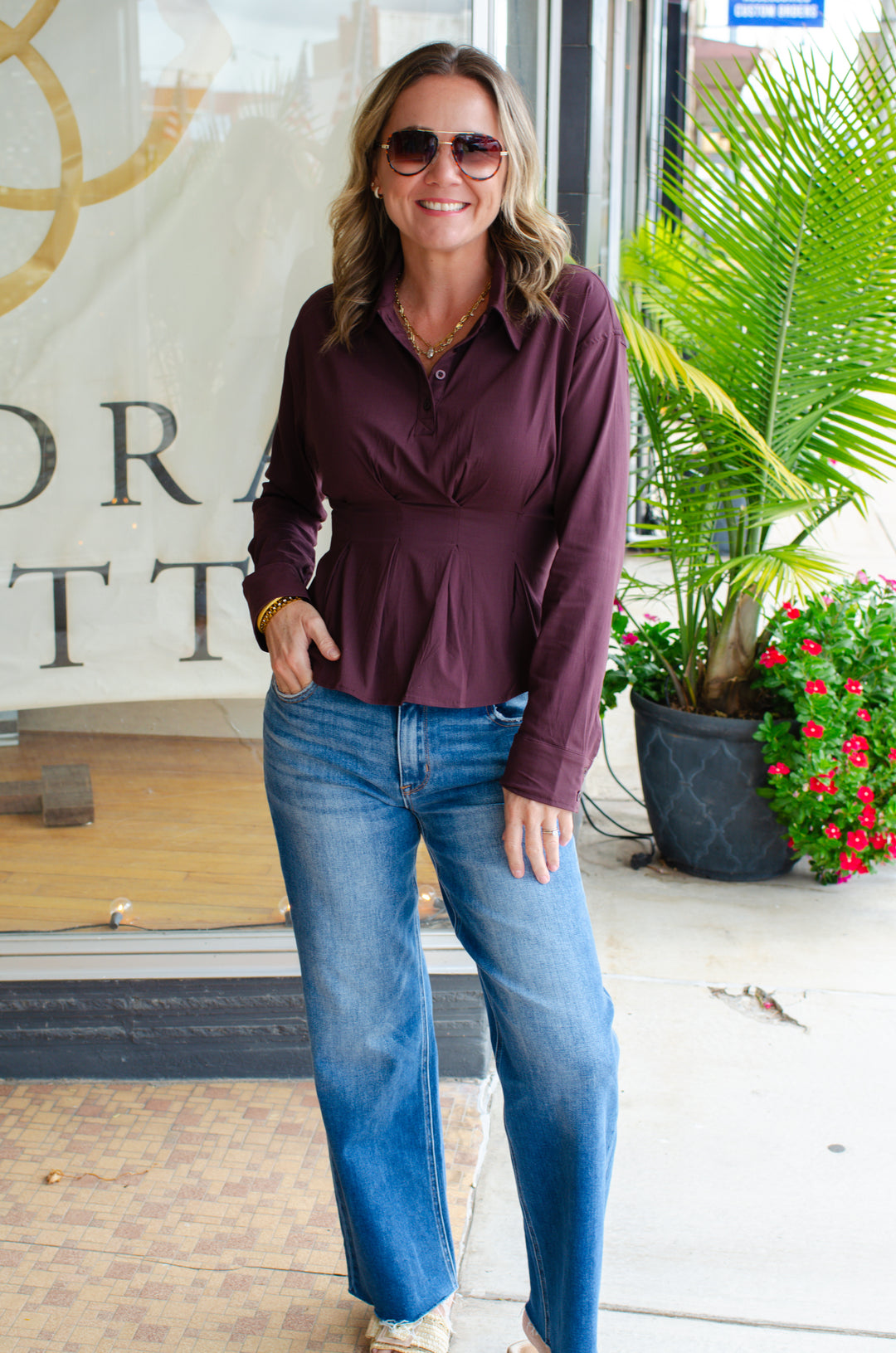 Sweet Moments Peplum Long Sleeve Collared Top in Plum
