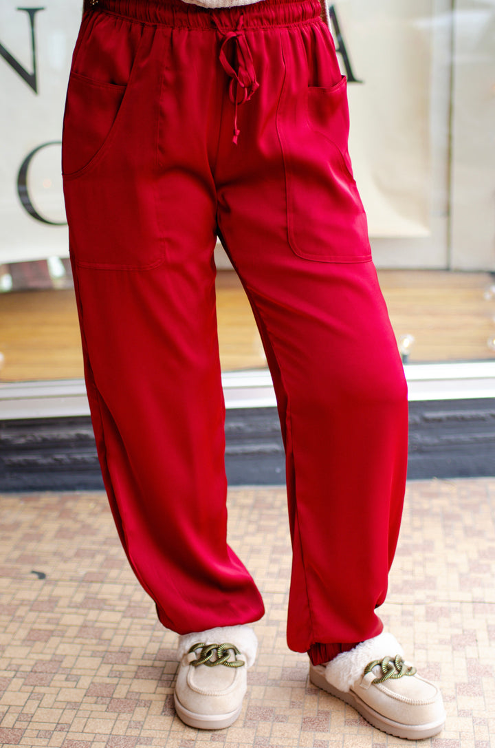 Had You At Hello Silky Stretch Waist Jogger Pant in Burgundy