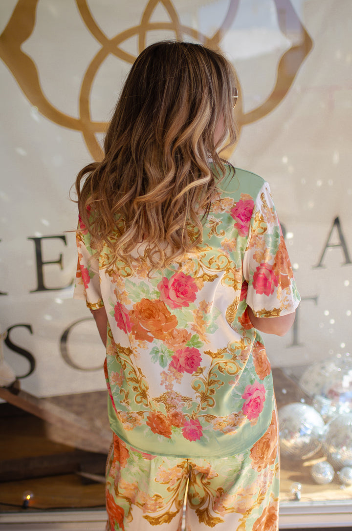 Amalfi Dreaming Floral Print Silk Button Down Collared Top