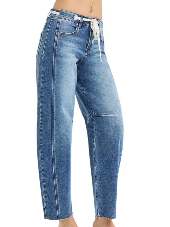 Risen Slouchy Ankle Barrel Jeans Drawstring Details in Medium Wash