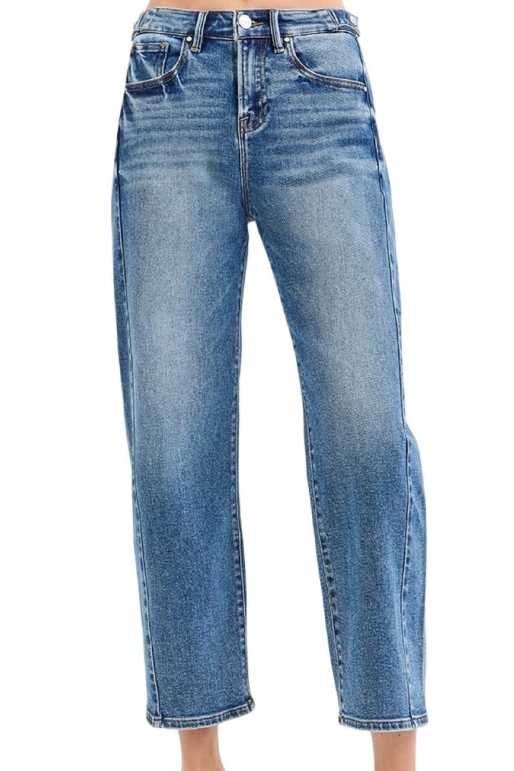 Risen High Rise Crop Length Barrel Jeans in Dark Wash