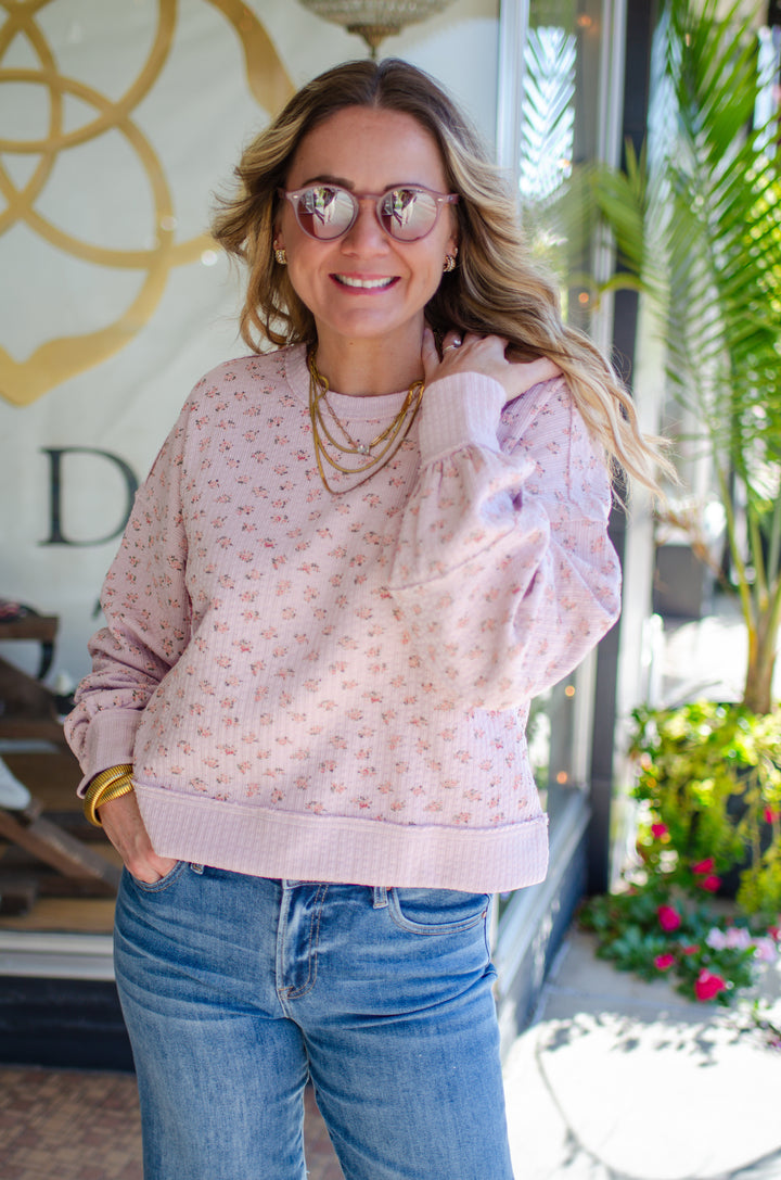Fall Bouquet Floral Round Neckline Long Sleeve Top in Pink