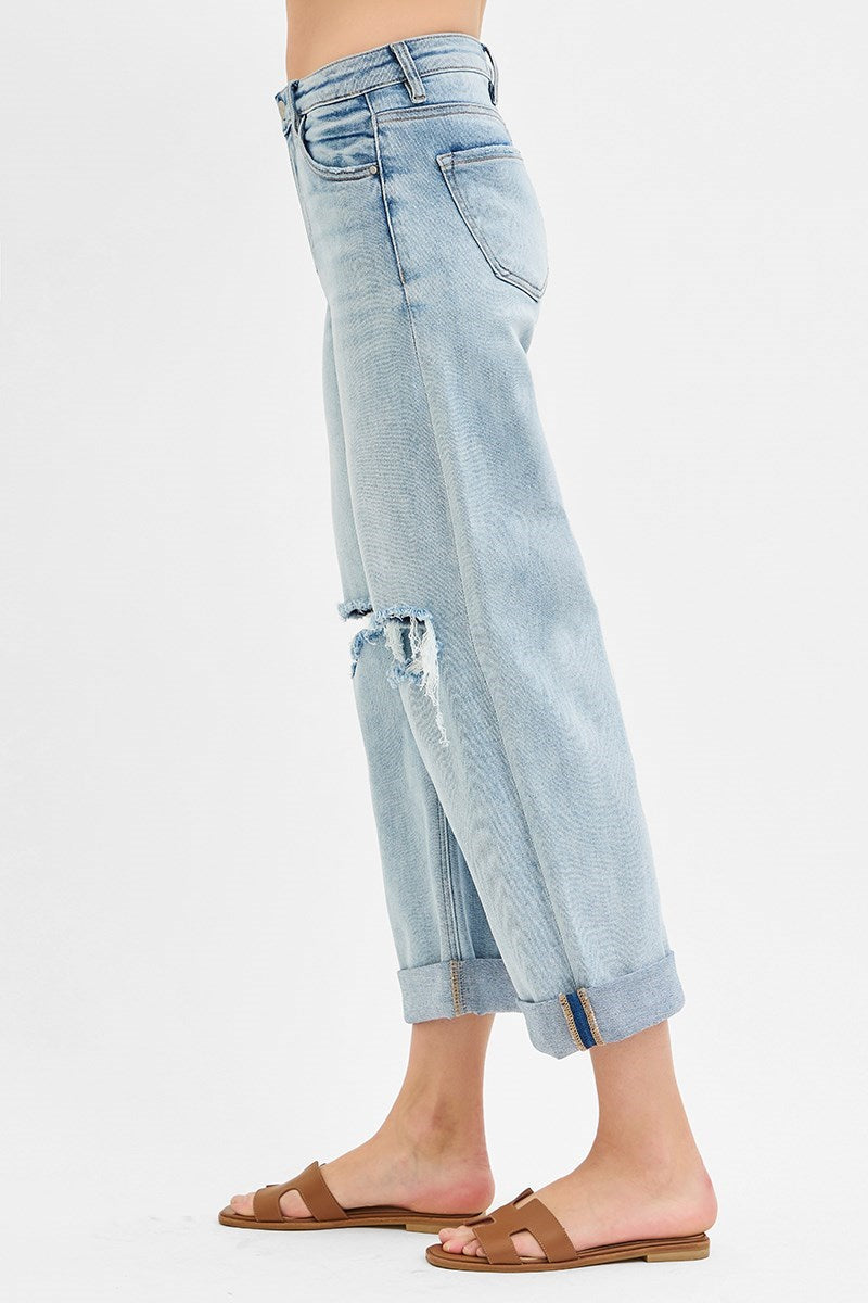 Risen Mid Rise Boyfriend Fit Cut Off Jeans in Light Wash