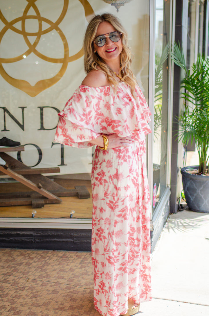 Bahamas Bound Floral Off The Shoulder Tiered Top in Coral