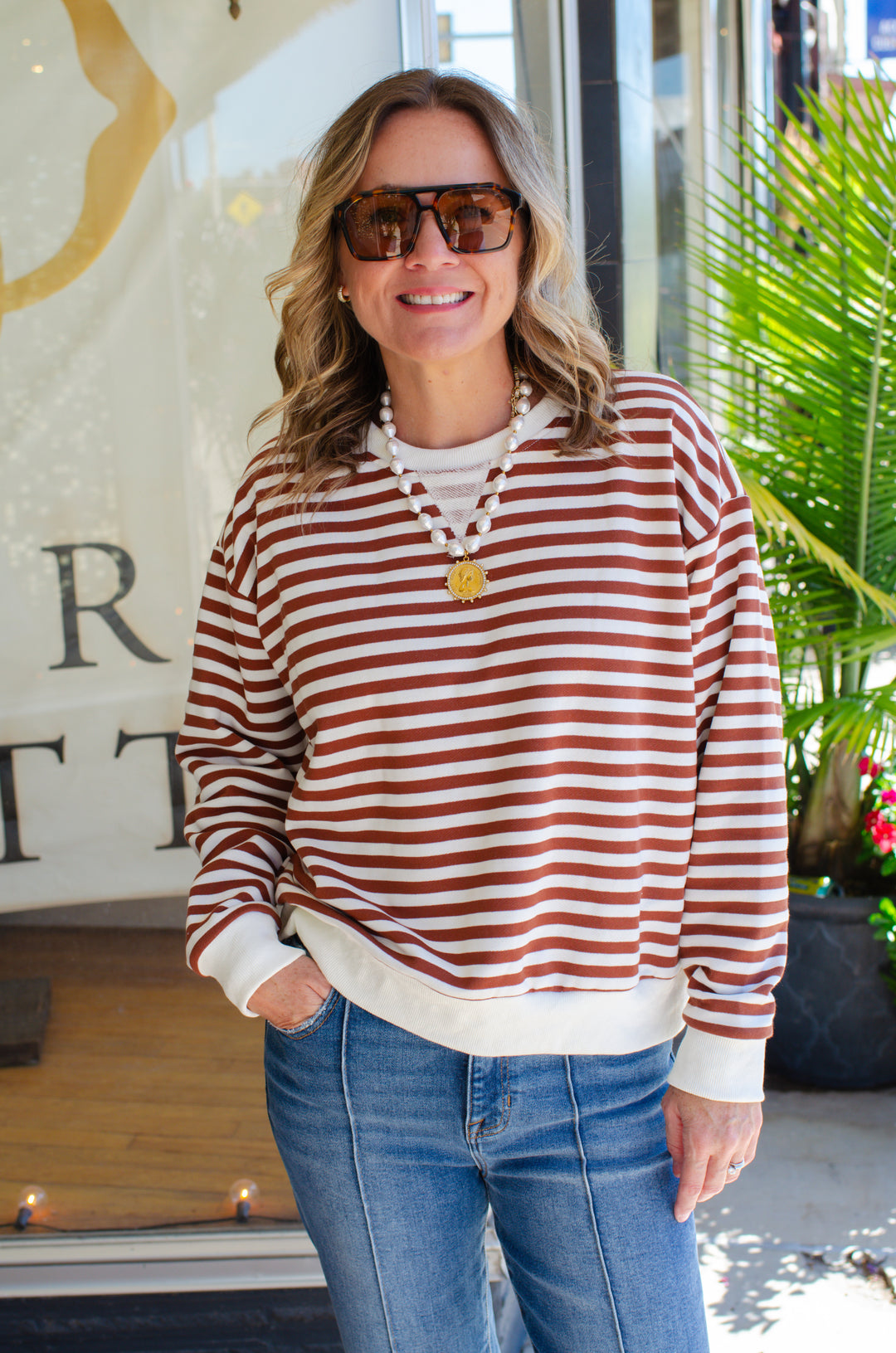 Cozy Casual Stripe Sweatshirt in Cream & Brown