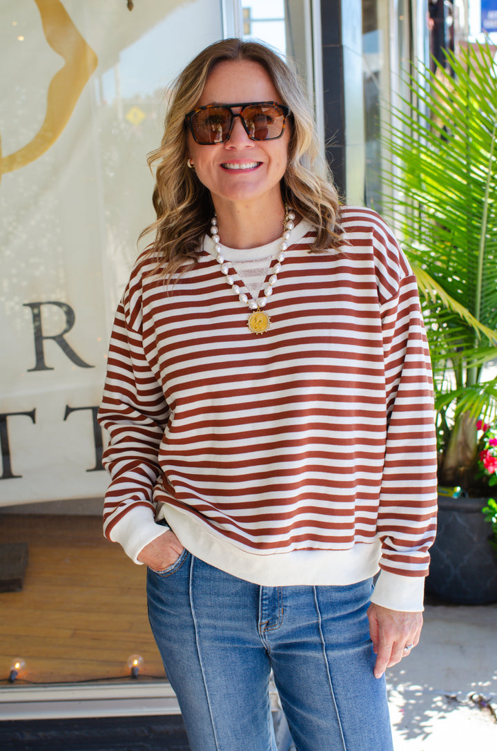 Cozy Casual Stripe Sweatshirt in Cream & Brown