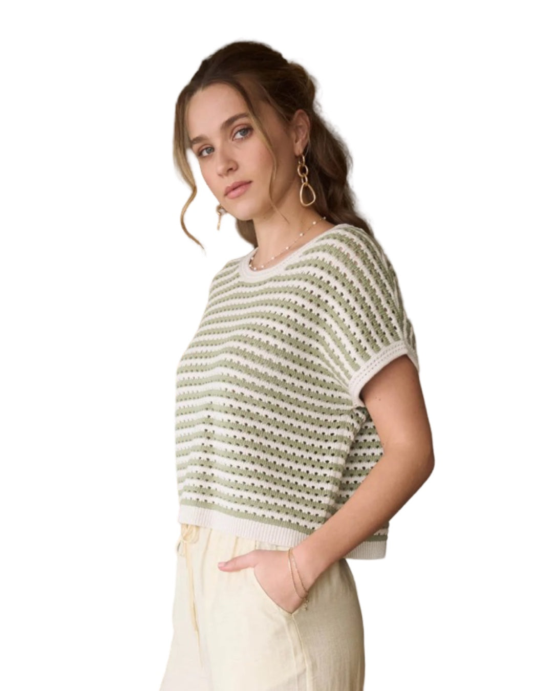 Walk With You Light Olive & Cream Knit Stripe Top