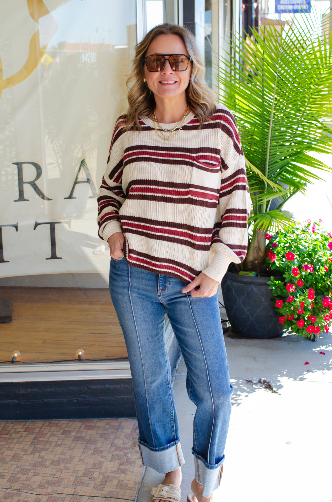 Autumn Colors Stripe Pocket Front Long Sleeve Sweater