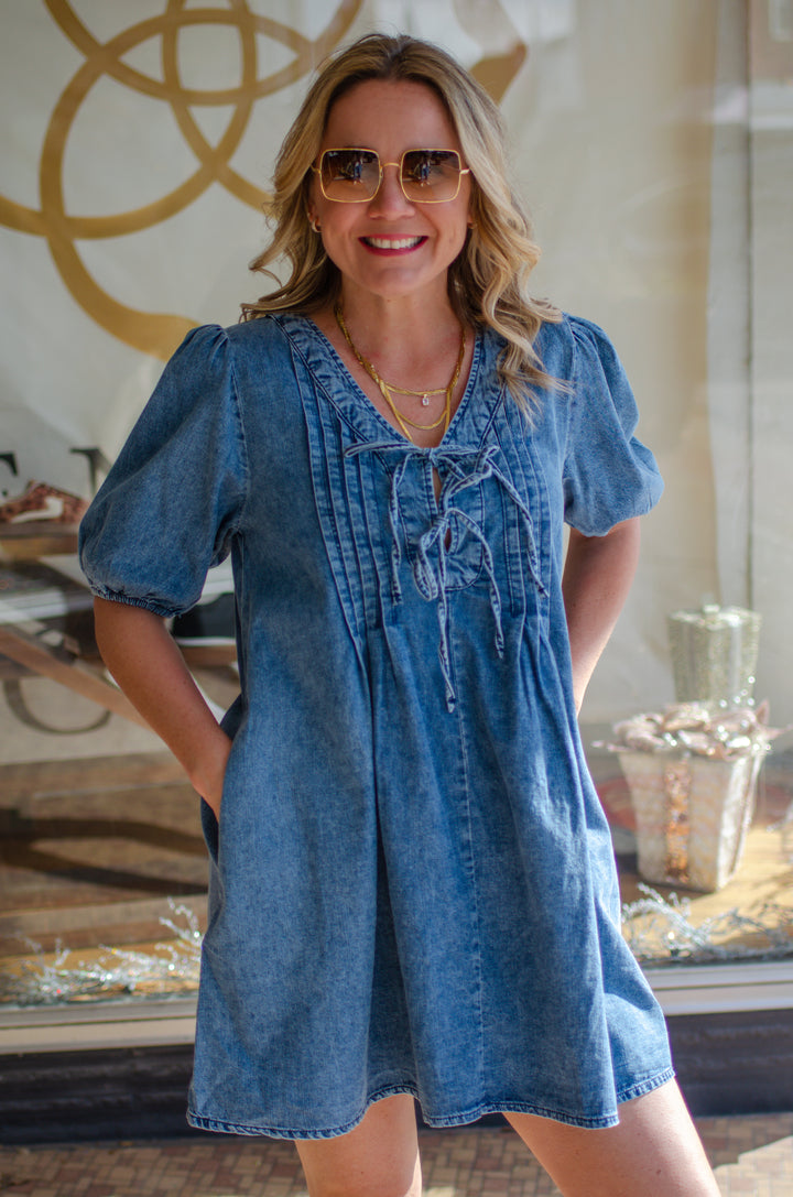 Spin Me Around Ruched Front Swing Denim Dress